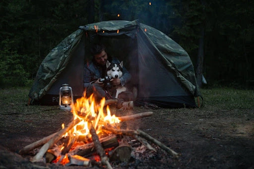 Man and dog in a tent camping during the winter. With campfire and gear.