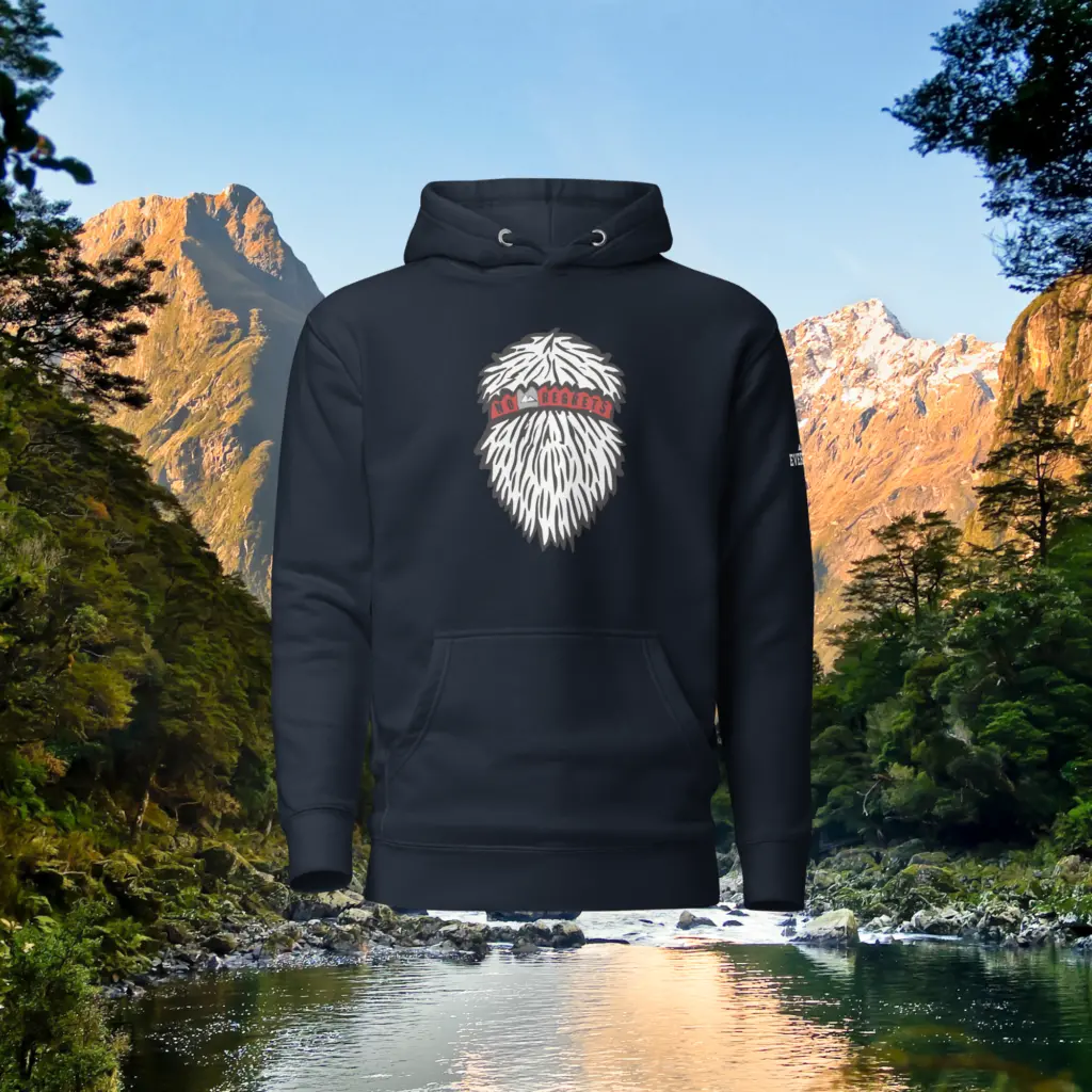 Everest hoodie illustrating a Yeti with a head band that states 'no regrets'